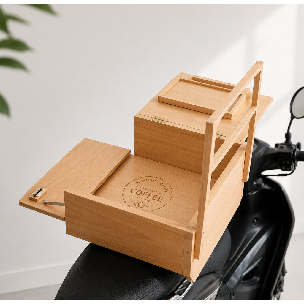 Kumamoku Box Kopi Motor Keliling Kayu Serbaguna Lipat Portable Booth Kopi