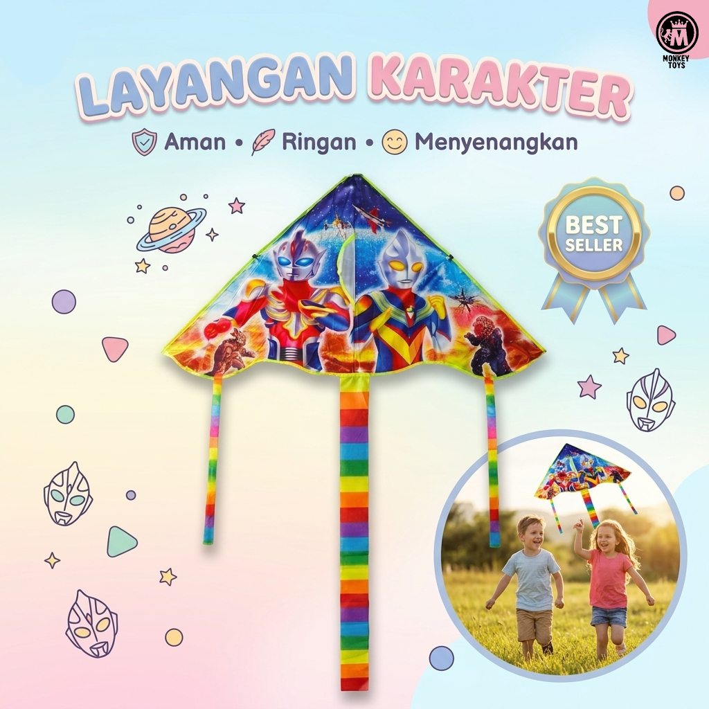 MMonkey Toys Layangan Kartun Segitiga Ekor Pelangi 90CM Mainan Layang Layang Anak Outdoor Rangka Fib