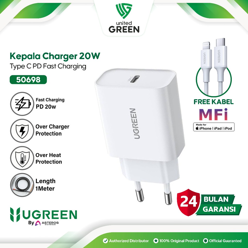 UGREEN Kepala Charger Iphone Type C to Lightning MFi Fast Charging 20 Watt 50698
