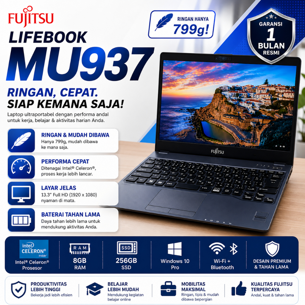 Laptop Fujitsu Futro MU937 Gen 7 intel celeron 3865U Ram 4/8G SSD 128/256GB HDD 500GB bekas Jaminan 