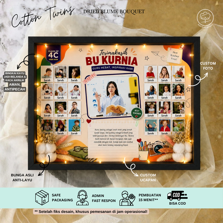 Hadiah Guru Custom Foto & Ucapan, Kado Wali Kelas Estetik LED Cotton Twins Large A3 Flower in Frame 