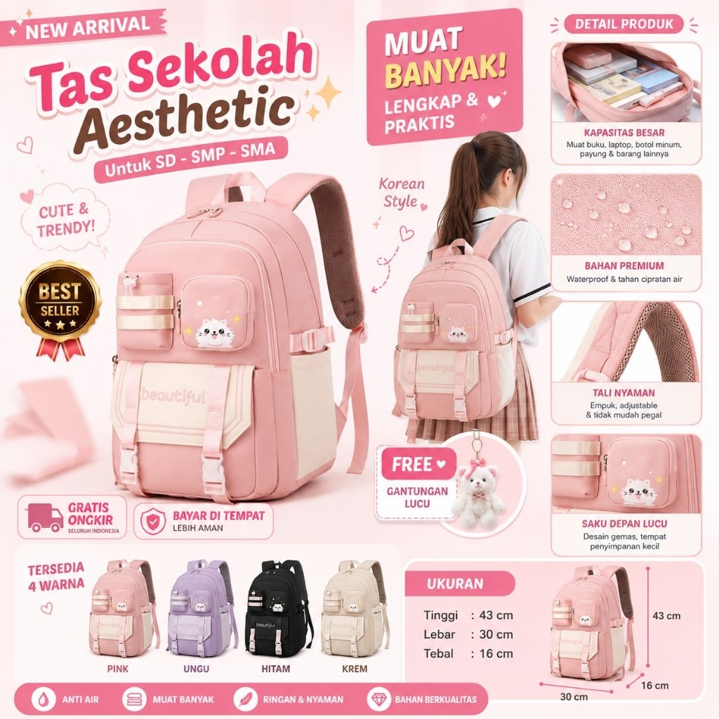Tas Ransel Anak Sekolah Wanita & Laki2 SD SMP SMA Tas Backpack Kekinian-SIYLA FESYEN