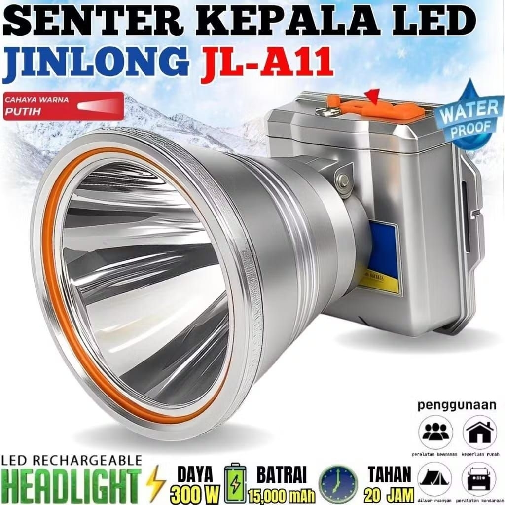 JL-A11 Senter Kepala Jinlong 300W / Headlamp 300W Cahaya Putih Terang Tahan Air