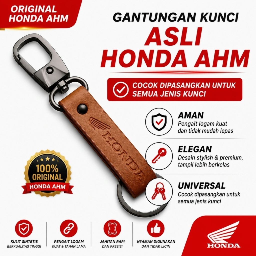 Gantungan Kunci Asli AHM Honda Kulit Coklat Premium Apparel Keychain Motor Honda Original Aksesoris 
