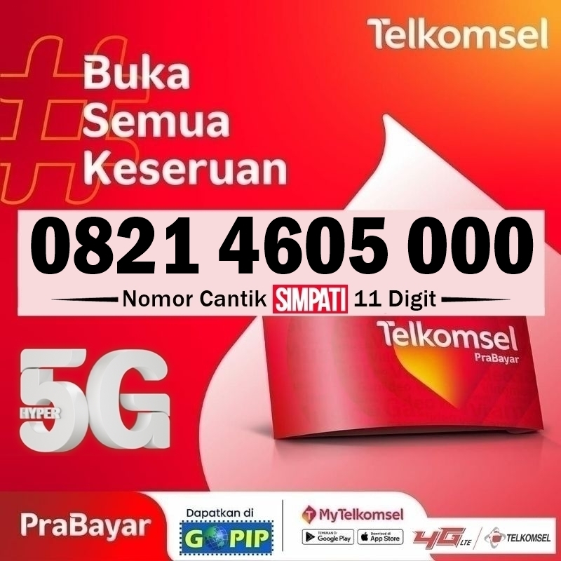 Nomor Cantik Simpati 11 Digit 000 (4605) Kartu Perdana Telkomsel Prabayar Bonus 3GB Kuota Nasional
