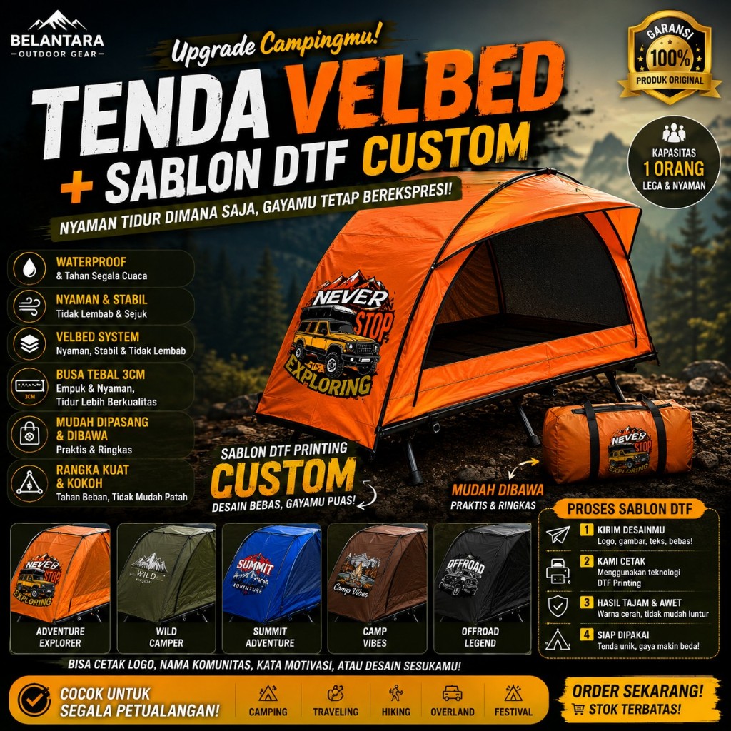 Tenda Velbed Fullset Orange Dengan Sablon DTF Waterproof Siap Pakai Velbed Belantara Tent Offroad 1 