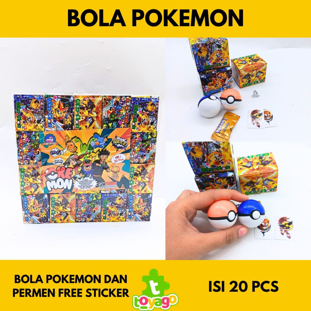 Mainan kotak okemon isi 20 pcs bola pokemon permen free sticker grosir murah
