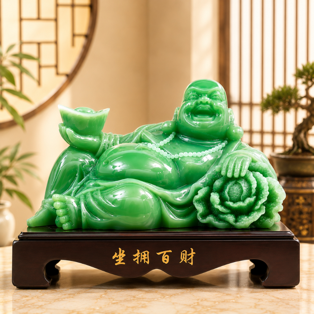 30CM Patung Buddha Julaihut Giok Fiber Hijau Pajangan Patung Fengshui Julaihut