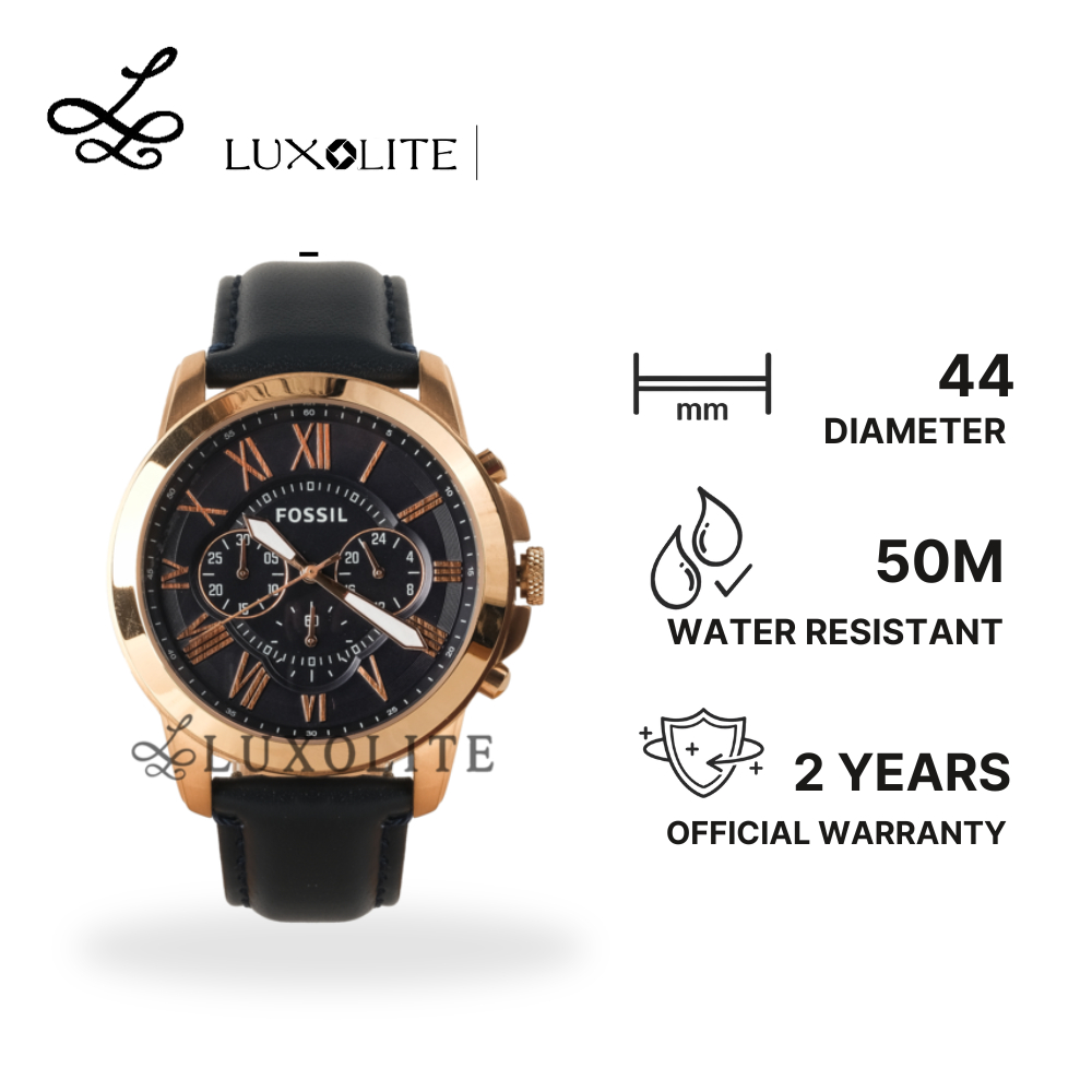 [Luxolite] FOSSIL Jam Tangan Pria Grant FS4835 Chronograph Navy Leather Strap