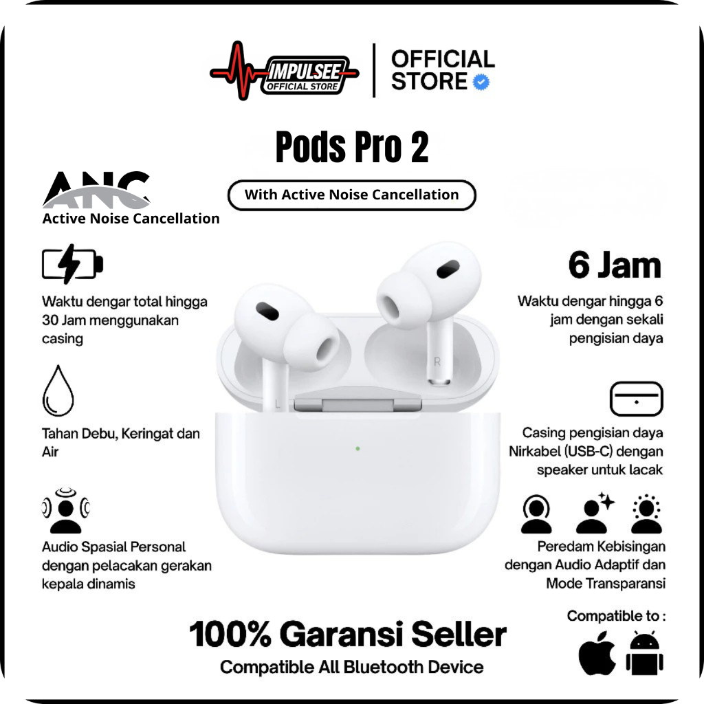 Impulsee - PODS PRO 2 ANC TWS Wireless Bluetooth Earphone TWS Mini Earbuds Headphone PODS PRO 2 ANC 