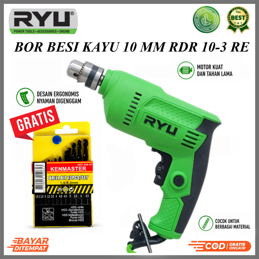 Ryu Bor Tangan Listrik Besi Kayu Baja Ringan 10 MM RDR 10-3 RE GRATIS MATA BOR GARANSI