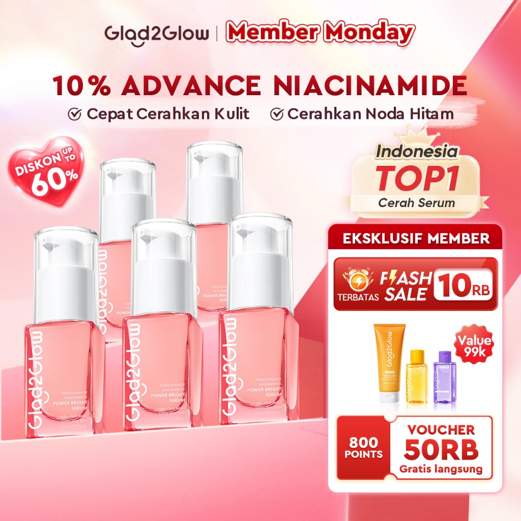 Glad2Glow Pomegrante Niacinamide Power Bright Serum Brightening Serum Mencerahkan Wajah Pemutih Waja