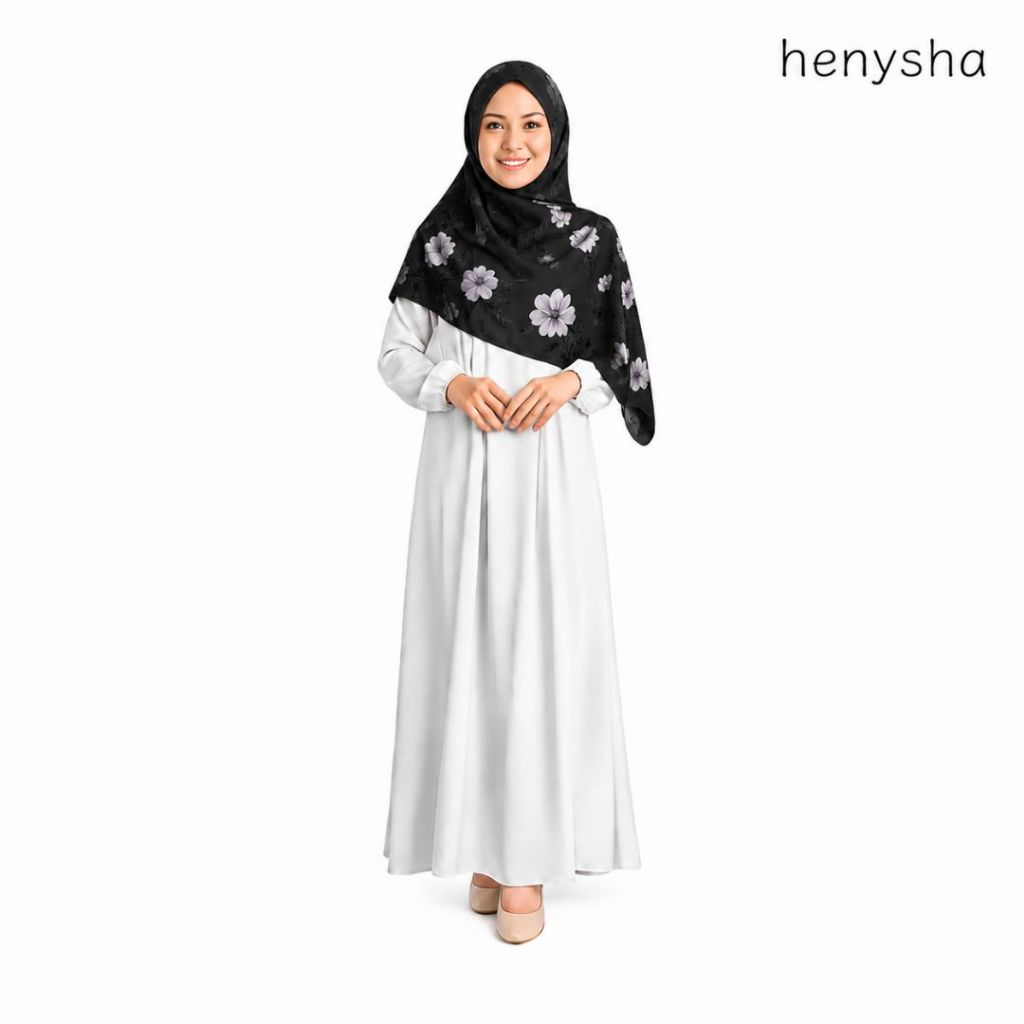 Henysha - Hijab Motif Segi Empat - Hitam Bunga