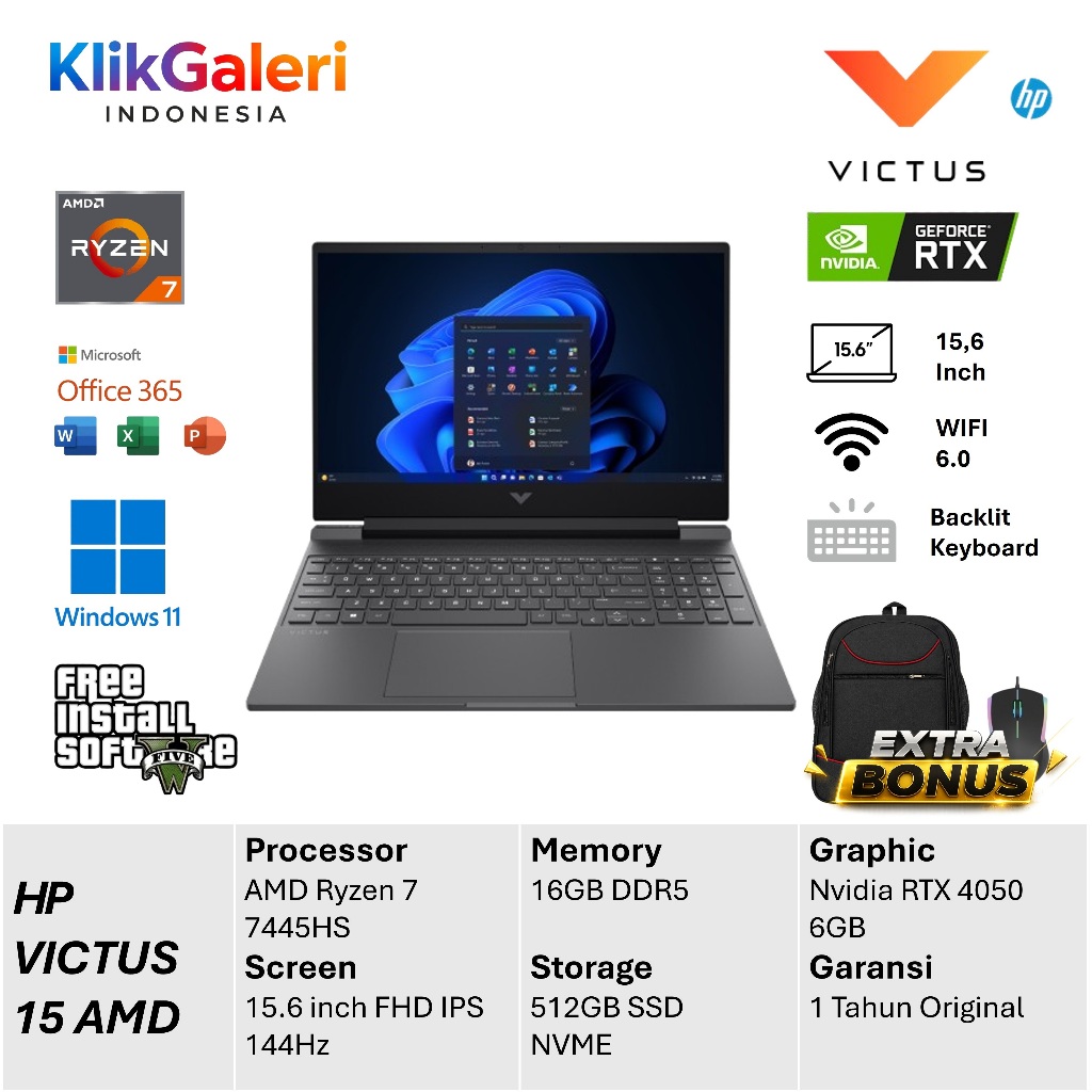 HP Victus 15 RTX 4050 i5 13420H RAM 32GB SSD 1TB 144Hz Laptop Gaming Editing