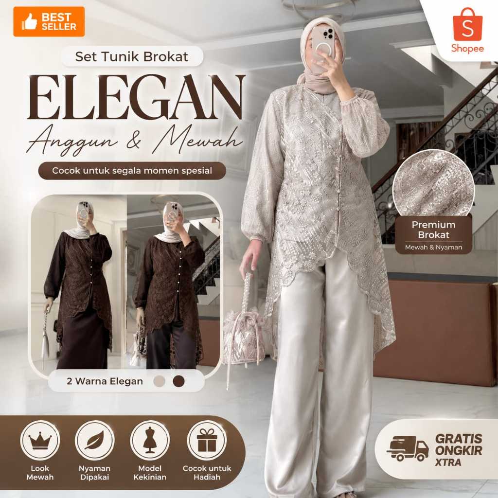 HALWA SETELAN TUNIK 3 IN 1 BROKAT BUSUI PREMIUM + ROK/CELANA SATIN WANITA SET KONDANGAN BRIDESMAID L