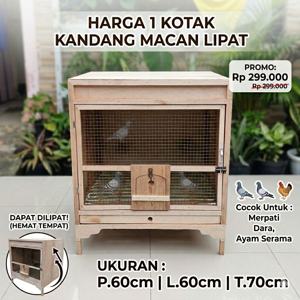 Kandang hewan knockdown lipat bongkar pasang rakit burung dara merpati macan ayam jago besar kayu