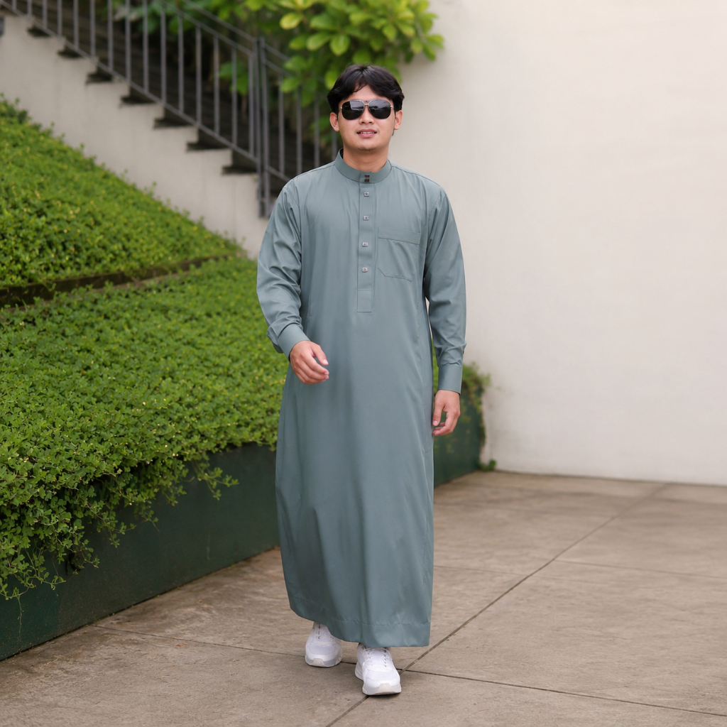 AHSAN Gamis Pria Slimfit Polos Kancing Snap Lengan Panjang Manset Jubah Muslim Dewasa Kerah Tegak Mo