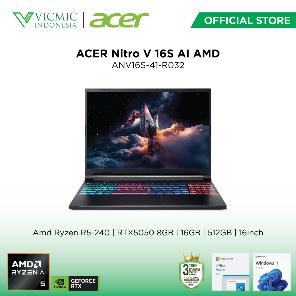 ACER Nitro 16S ANV16S-41-R032 - Obsidian Black [Amd Ryzen R5-240 / Nvidia GeForce RTX 5050 / 16GB / 