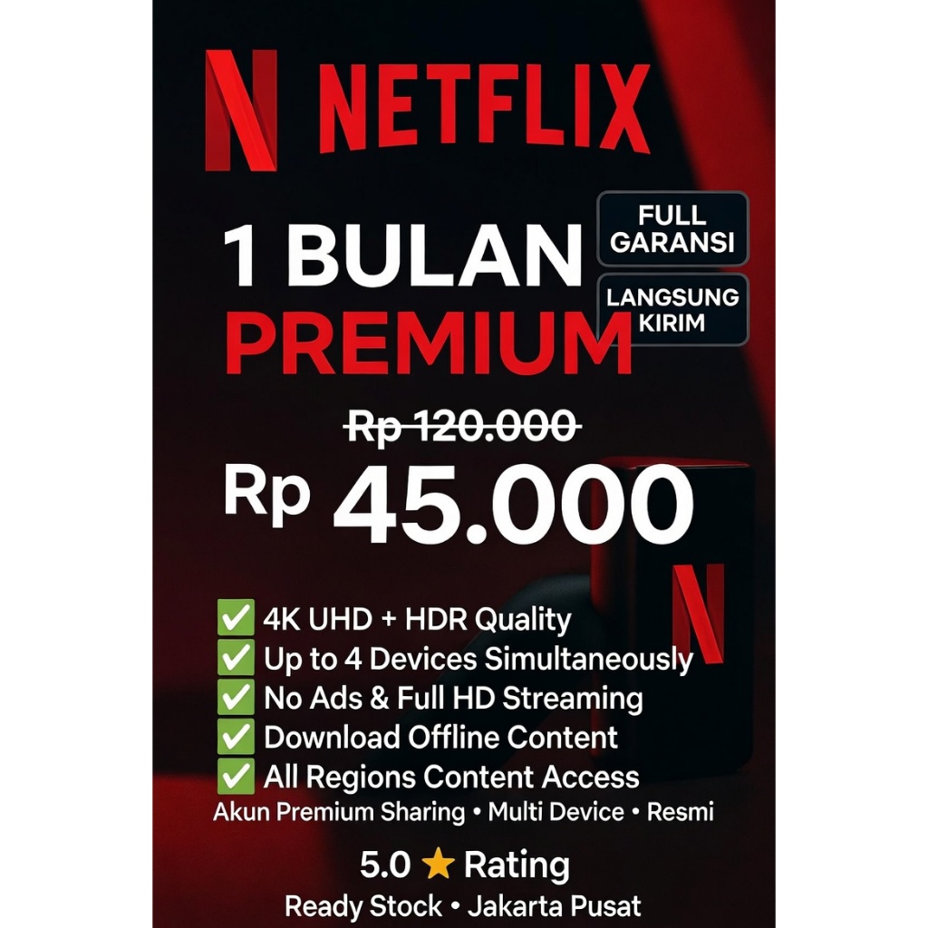 Netflix Premium 1 Bulan Sharing 4K UHD Full Garansi Resmi 50+ Account