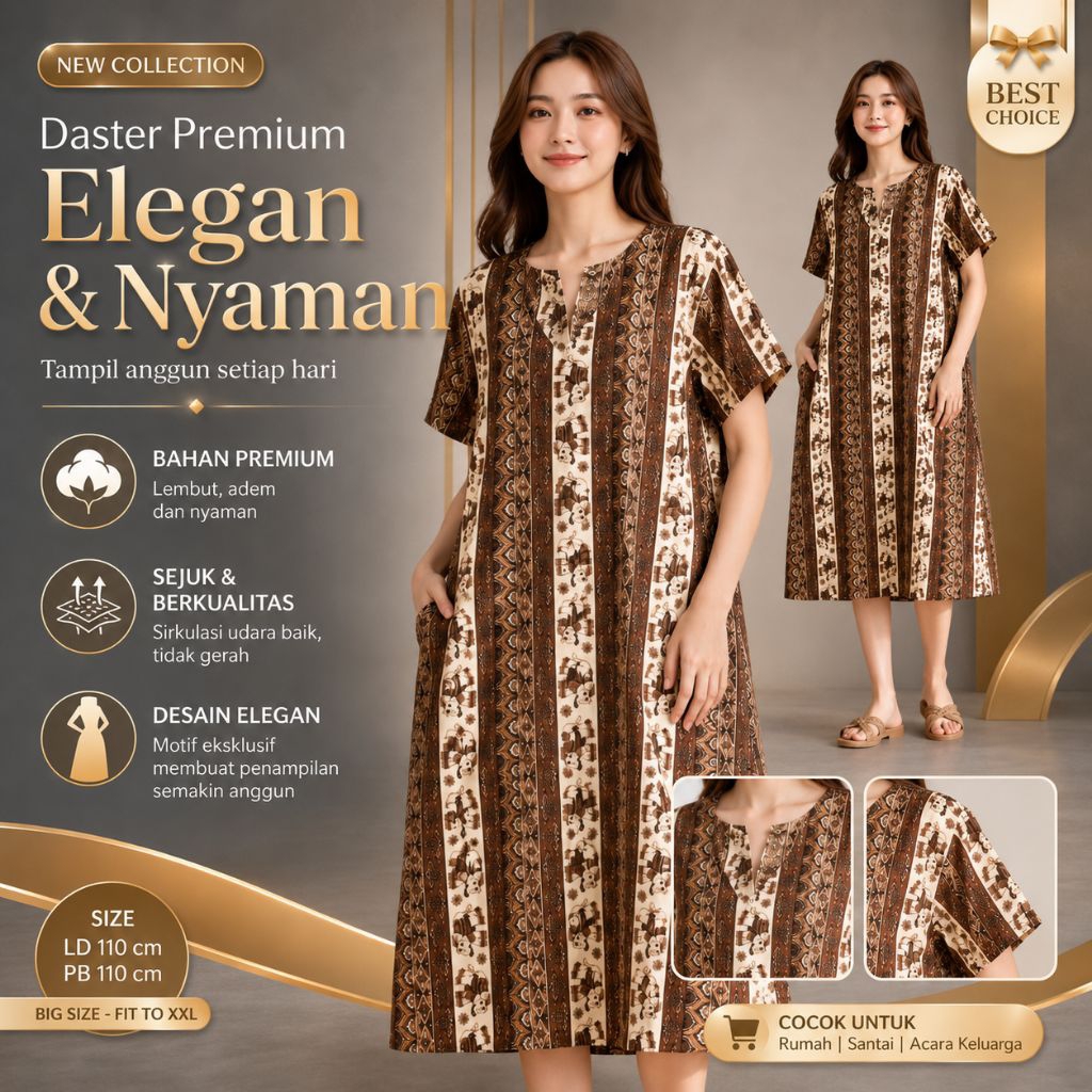 Daster Wanita Motif Gajah Adem Longgar Jumbo Dress Rumahan Harian