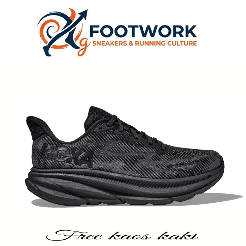 FOOTWORK/Sepatu running pria hoka clifton 9 full black
