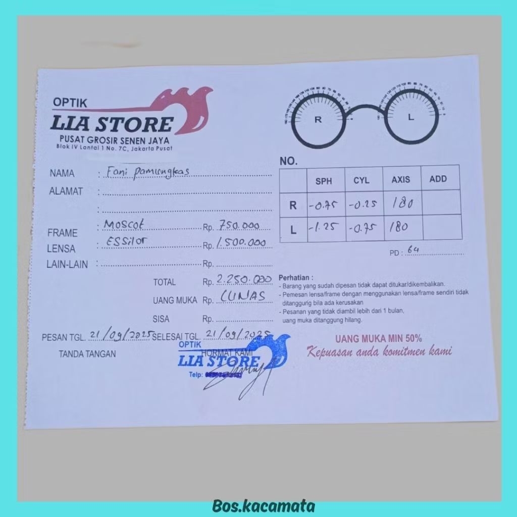 Lia.Storee // B0n Kacamata // N0ta 0ptik // Kwitansi pembelian kacamata // Resep Kacamata