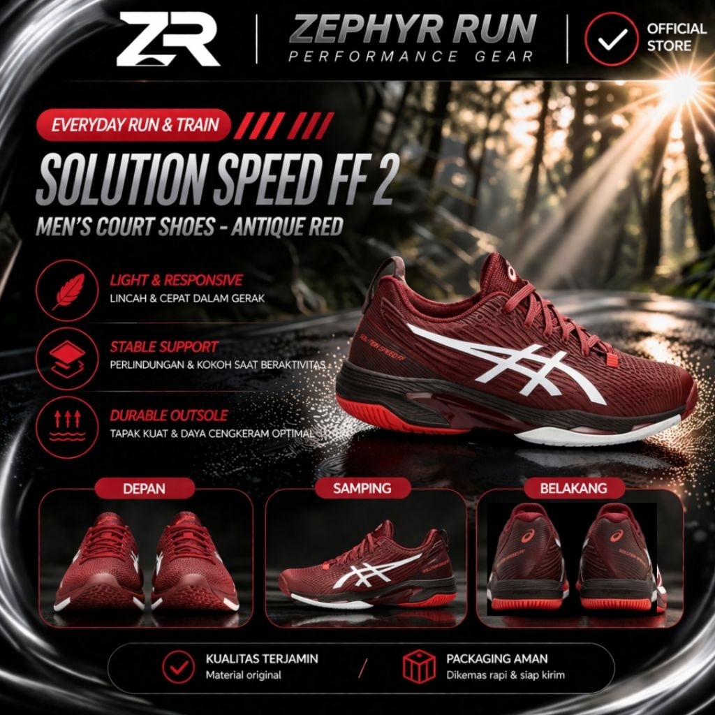 Sepatu  ASICS Solution Speed FF 2  warna Antique Red, yang dirancang untuk kecepatan dan stabilitas 