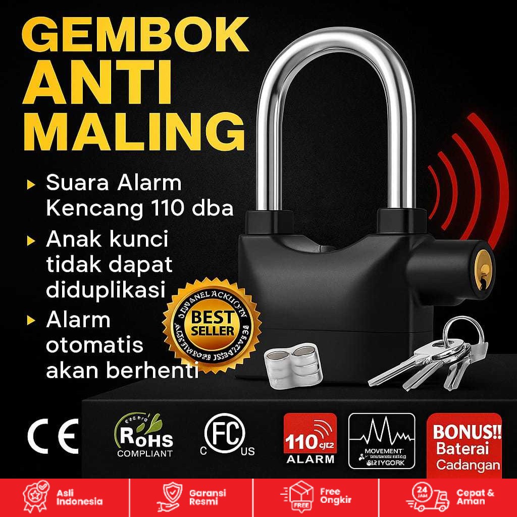 GEMBOK ALARM HITAM LEHER PANJANG 5 INCH BESAR ANTI MALING BATERAI TAHAN LAMA