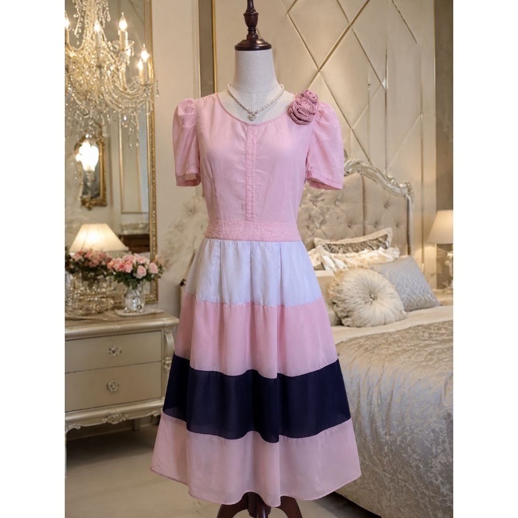 dress baby pink sifon bunga flower floral vintage mewah premium elegant korea BKK Bangkok top atasan