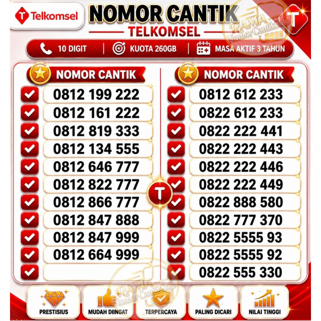 Kartu Perdana Nomor Cantik Telkomsel Simpati 10 DIGIT Prabayar 4G support 5G Free Kuota 260 GB