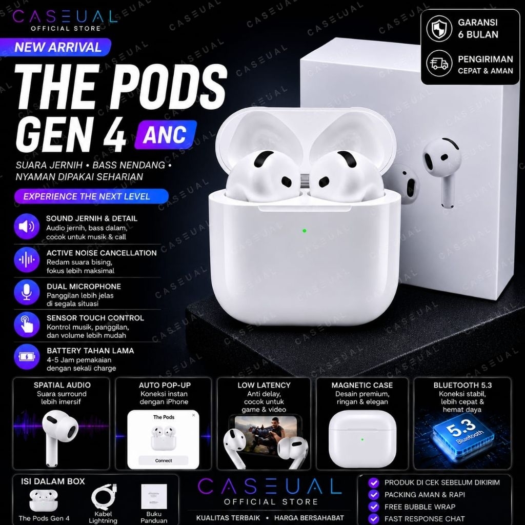 Pods Gen 4 ANC Terbaru 2025 With Wireless Charging Case Bergaransi TWS Bluetooth Original 100%