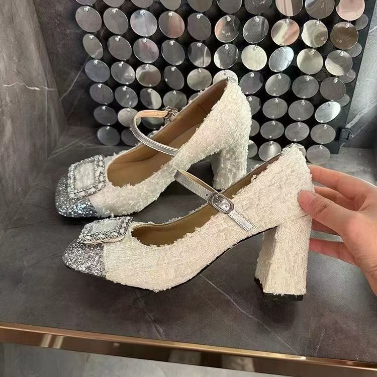 Sepatu Mary Jane Gaya Chanel untuk Wanita Hak Tinggi Mulut Dangkal Tweed Pita Pita Hak Chunky