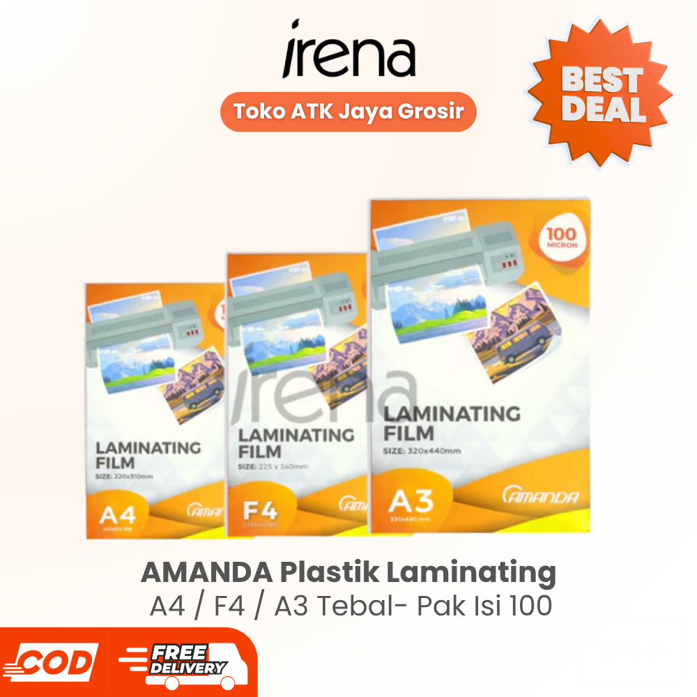 AMANDA Plastik Laminating A4 / F4 / A3 Tebal 100 Micron Pak Isi 100 Lembar