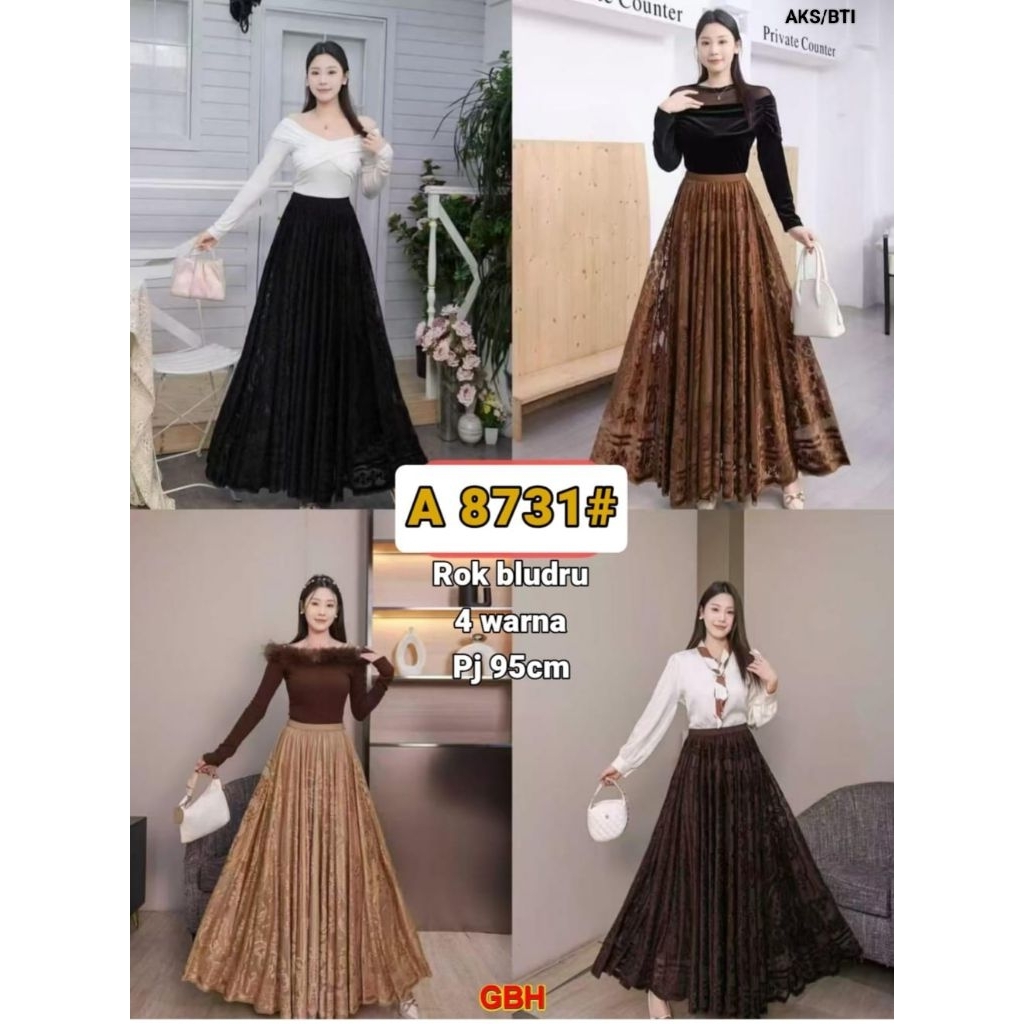 Rok Brokat Bludru A 8731# Import - Rok Wanita Kekinian - Rok Panjang Brokat Bludru Import