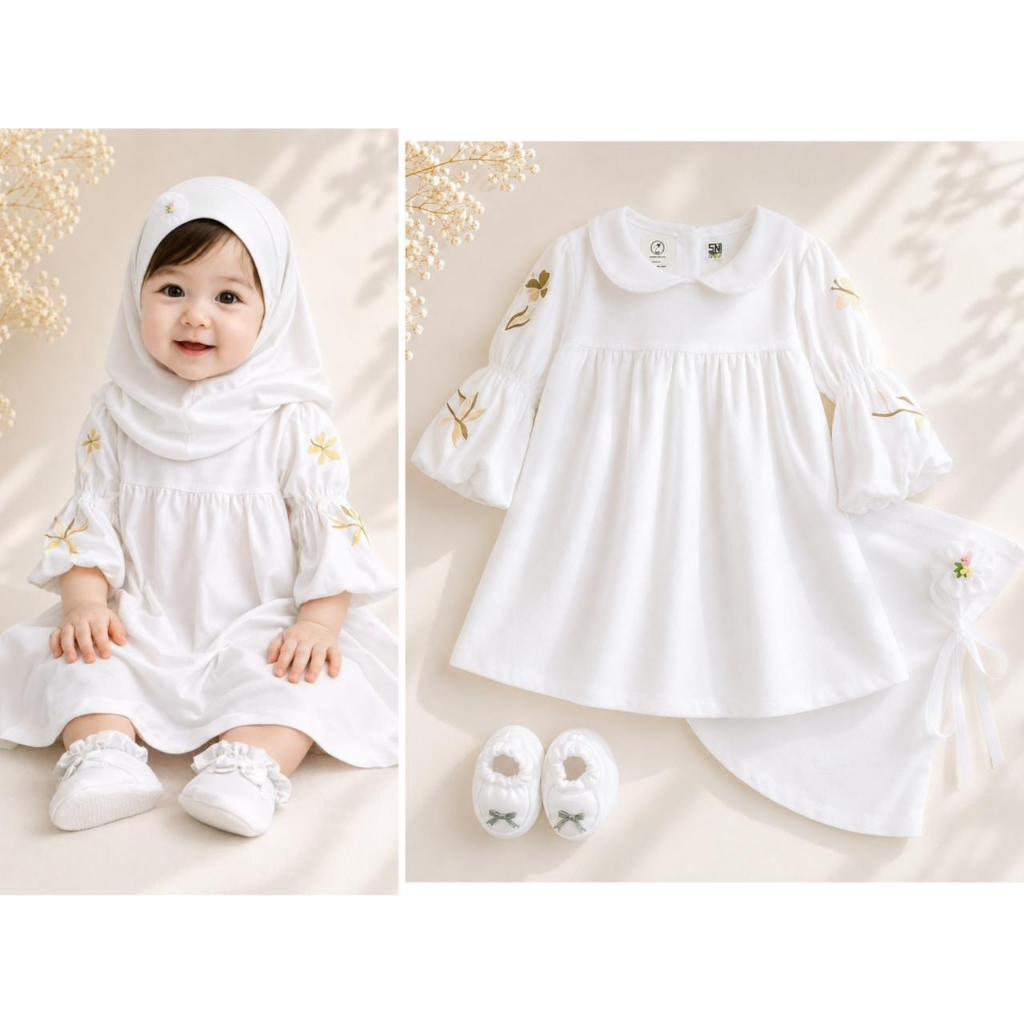 Gamis Baju Setelan Dress Muslim Lebaran Bandana Sepatu Lucu Cantik Anak Bayi cewek Perempuan Mewah A