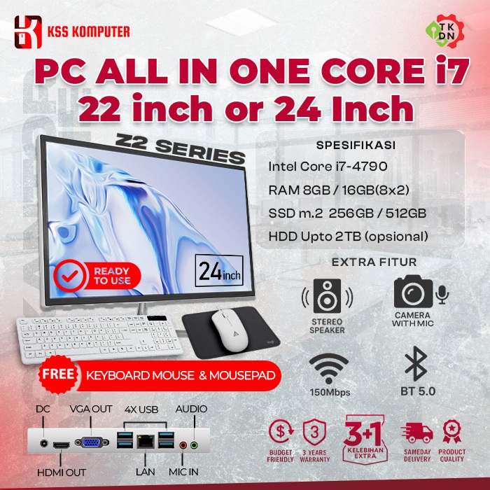 PC AIO Core i7 SSD 512GB RAM 16GB 22 / 24 Inch All In One TKDN Bergaransi