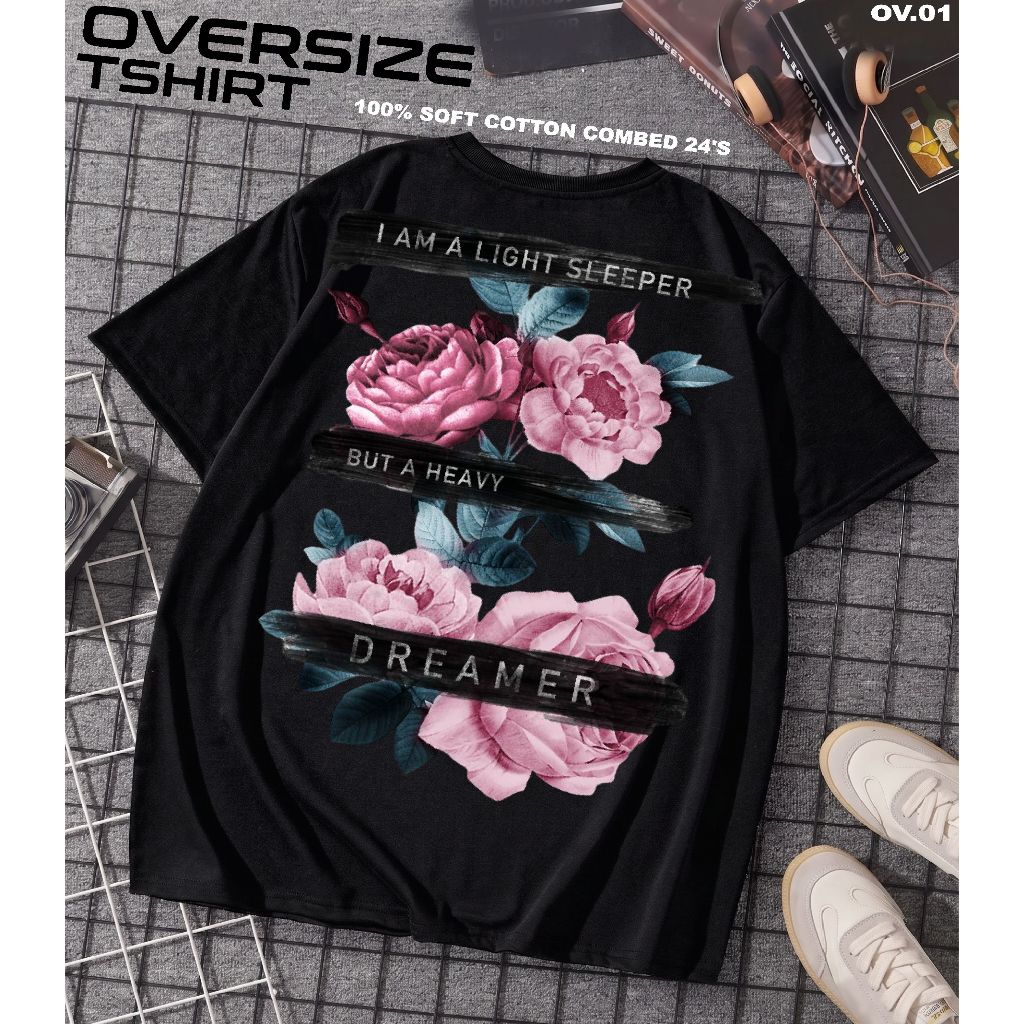 KAOS OVERSIZE HITAM PRIA-WANITA MOTIF BUNGA // KAOS OVERSIZE TERBARU