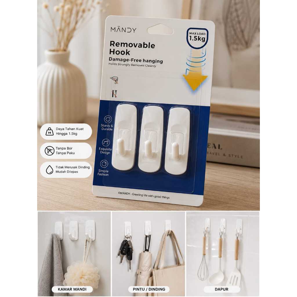 GANTUNGAN PENGAIT PLASTIK HOOK TEMPEL 1.5KG SET 3 STICKY HOOK AESTETIK PUTIH