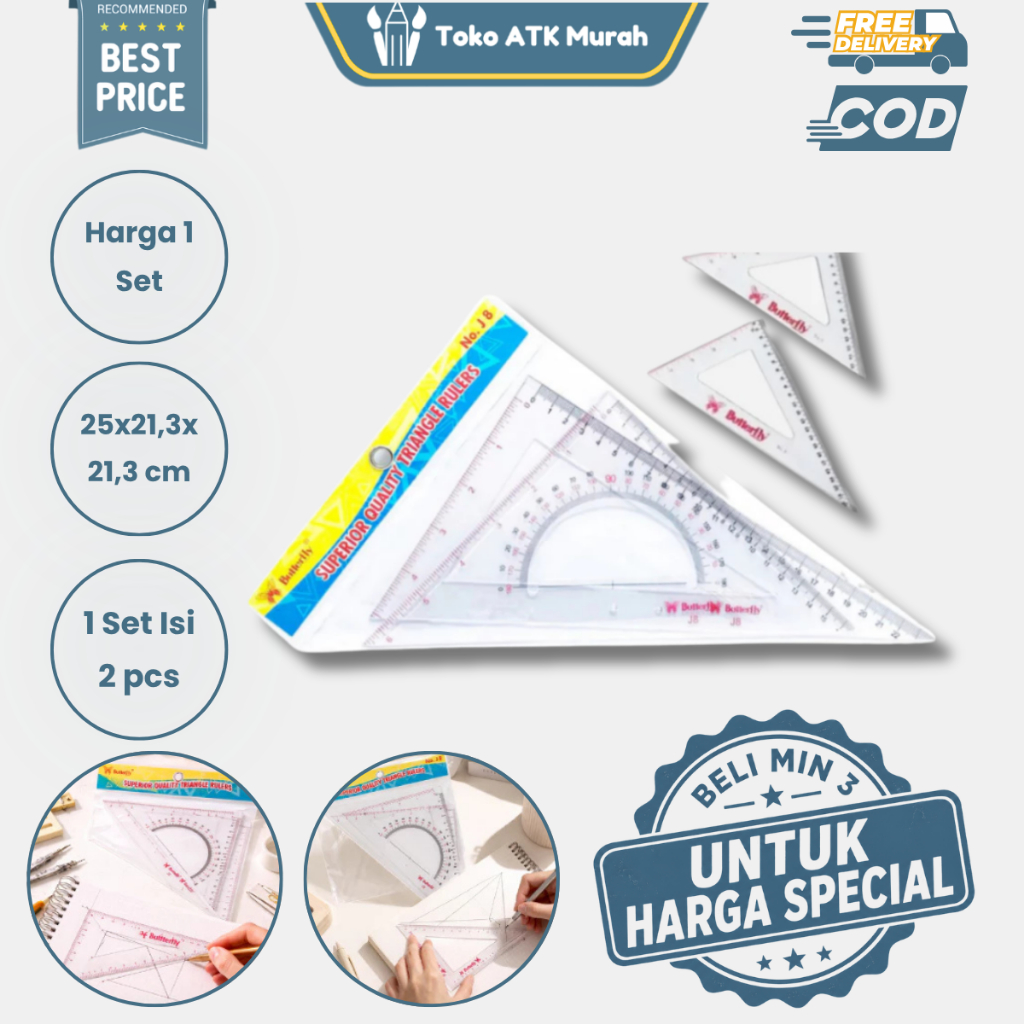 Penggaris Segitiga Set Sepasang Butterfly J8 no.8  - Triangle Ruler Penggaris Gambar Teknik