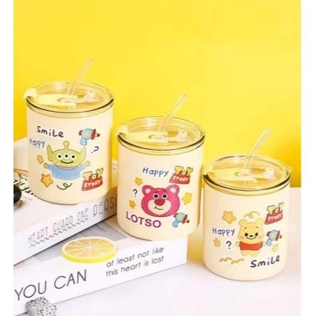 Gelas Kaca Mug Straw Lucu Karakter Disney 320ml - Desain Unik, Sedotan Kaca, Kapasitas Besar
