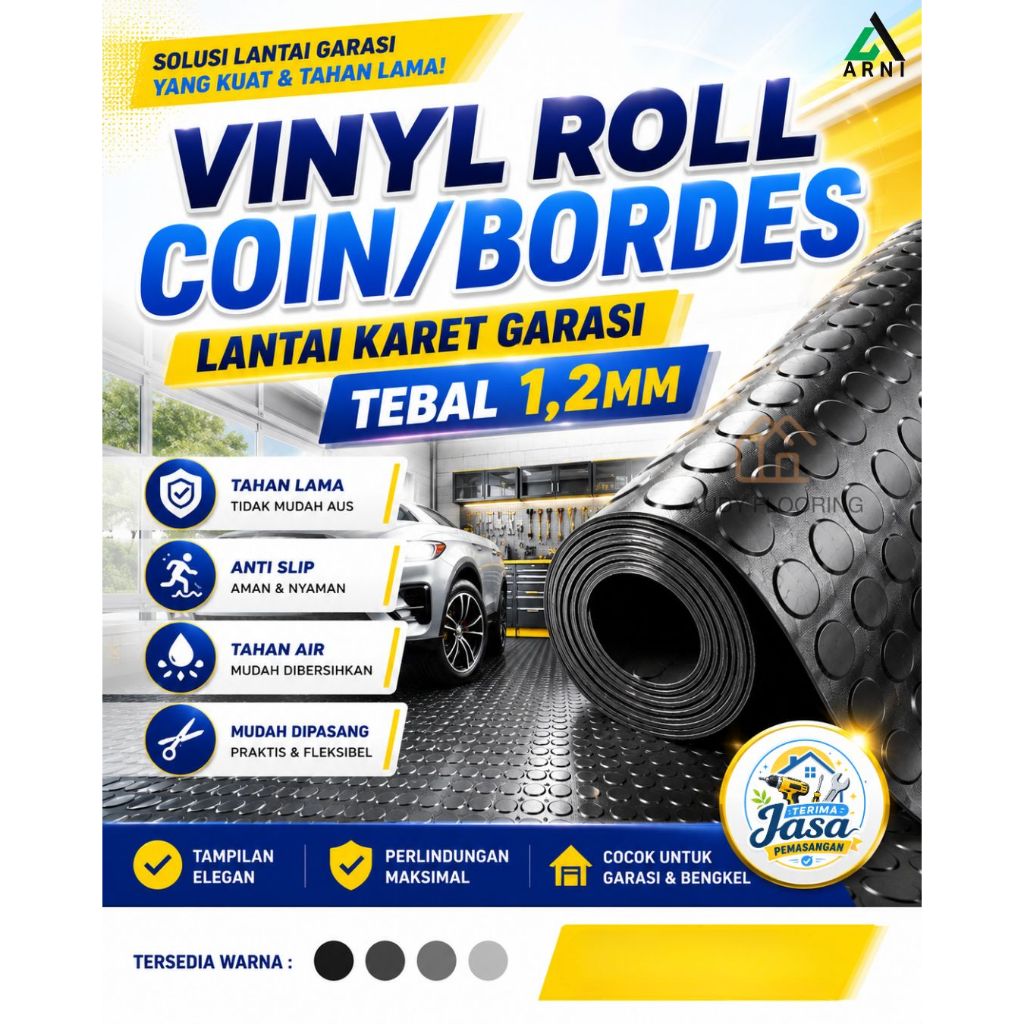 Lantai Vinyl Roll Coin/Bordes Tebal 1,2mm | Lantai Vinyl Roll Karet Garasi Mobil
