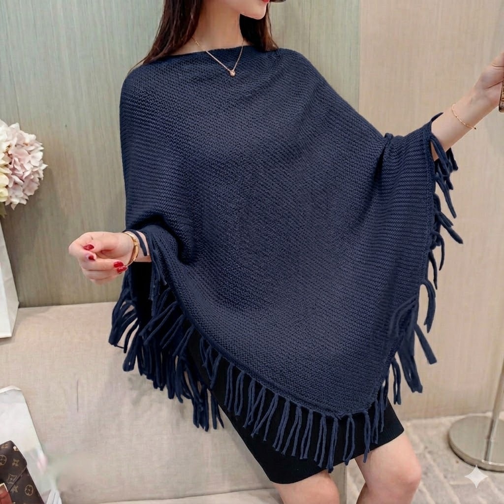 Poncho Rajut Wanita Premium Motif Garis – Outer Rajut Korea Hangat & Aesthetic/ponco atasan rajut wa