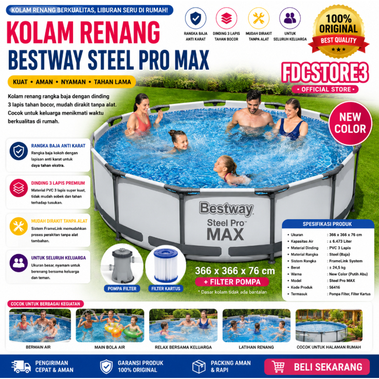 Kolam Family BESTWAY 56416 STELL PRO FRAME POOL + FILTER 366x76cm KOLAM TANPA TIUP mainan anak