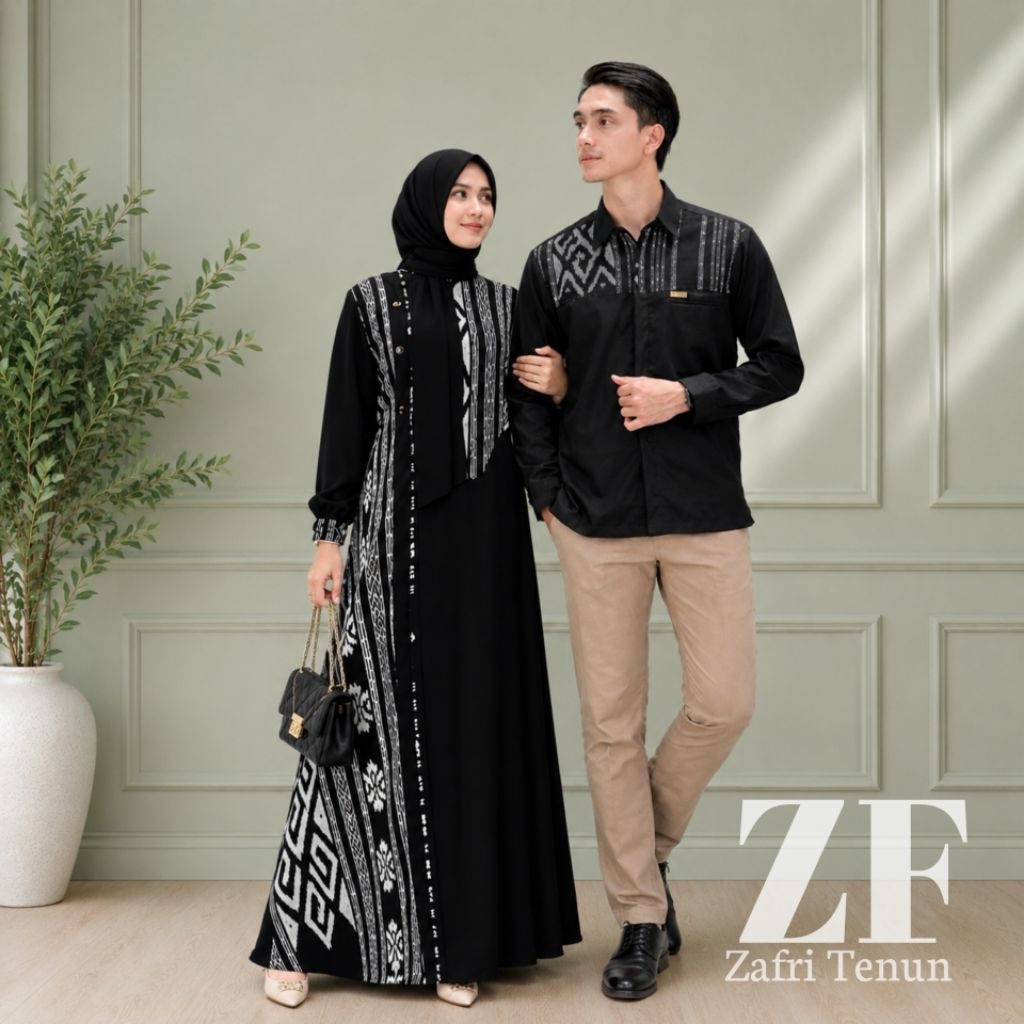 Baju Tenun Couple Rinjani Hitam Baju Gamis Couple Pasangan Baju Kondangan Dres Couple Elegan premium