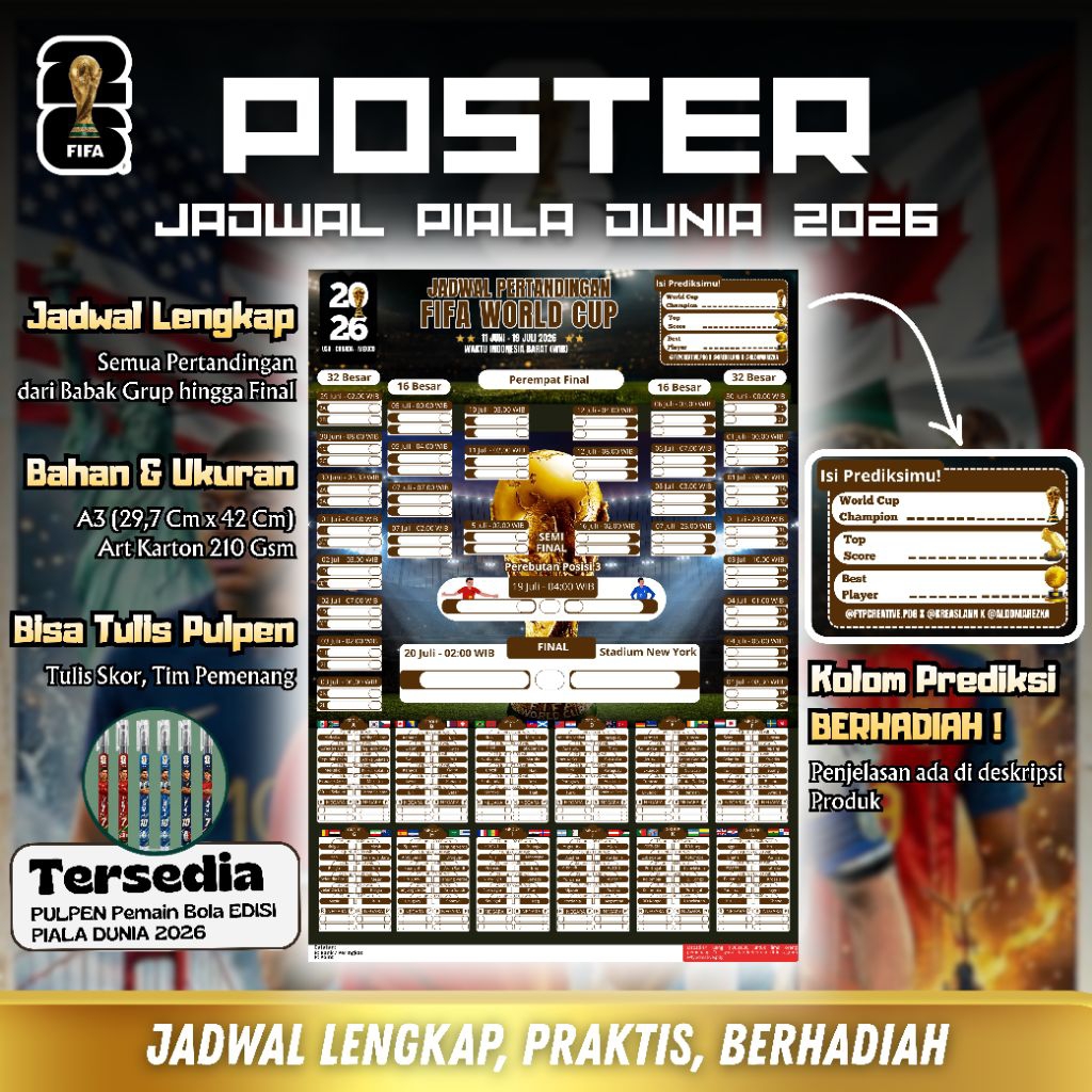 Poster Jadwal Piala Dunia 2026 Ukuran A3 Bahan Art Karton 210 Gsm | FIFA World Cup 2026