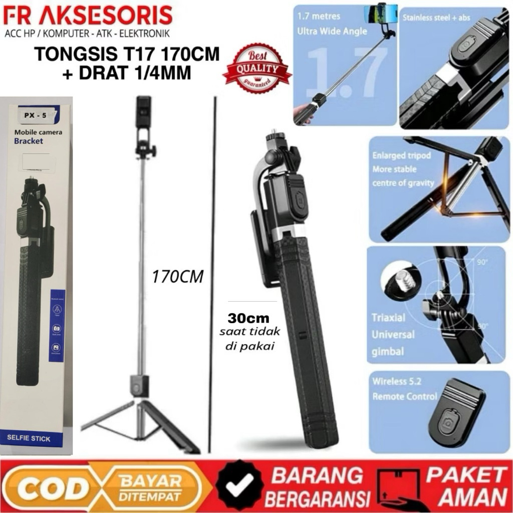 Tongsis Bluetooth 3in1 170cm T17 + DRAT Tripod Remote Bluetooth 3in1 T17 MULTIFUNGSI TONGSIS 3IN1 TR