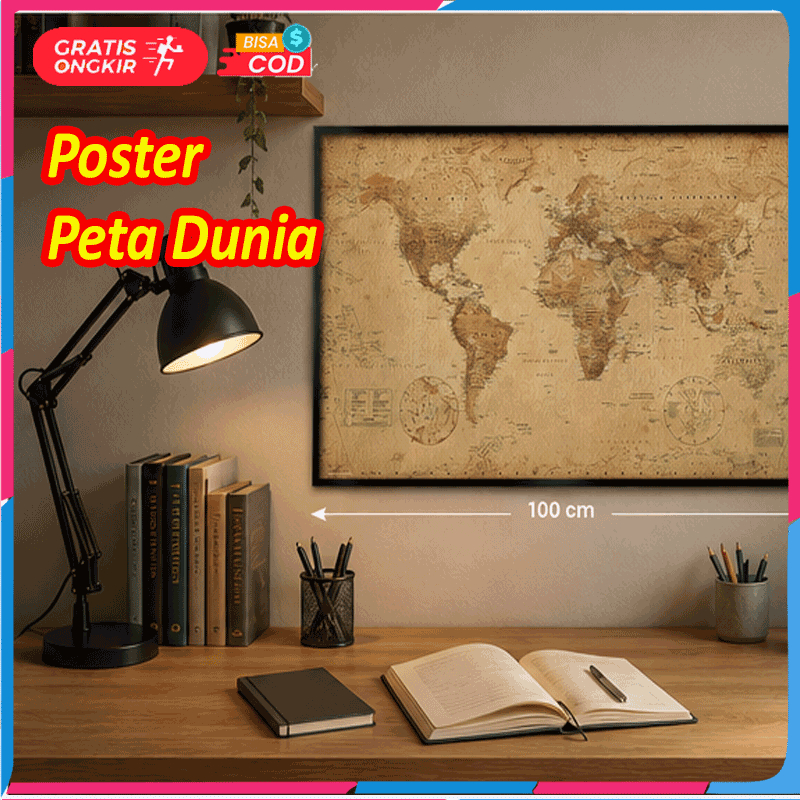 Poster Peta Dunia ukuran jumbo besar 103 x 69 cm | National Geographic Large Vintage World Map | Hia