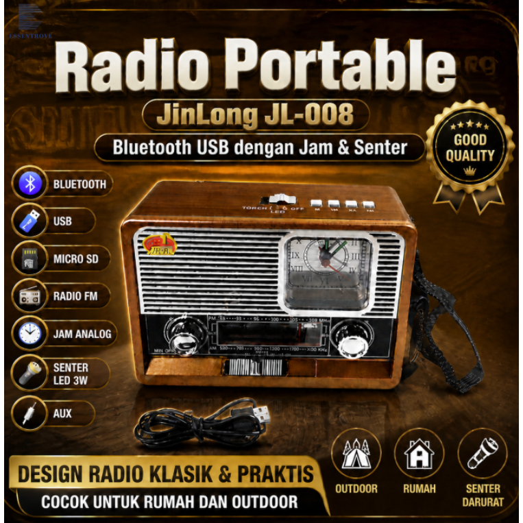 Radio Portable JinLong JL-008 Bluetooth USB dengan Jam & Senter