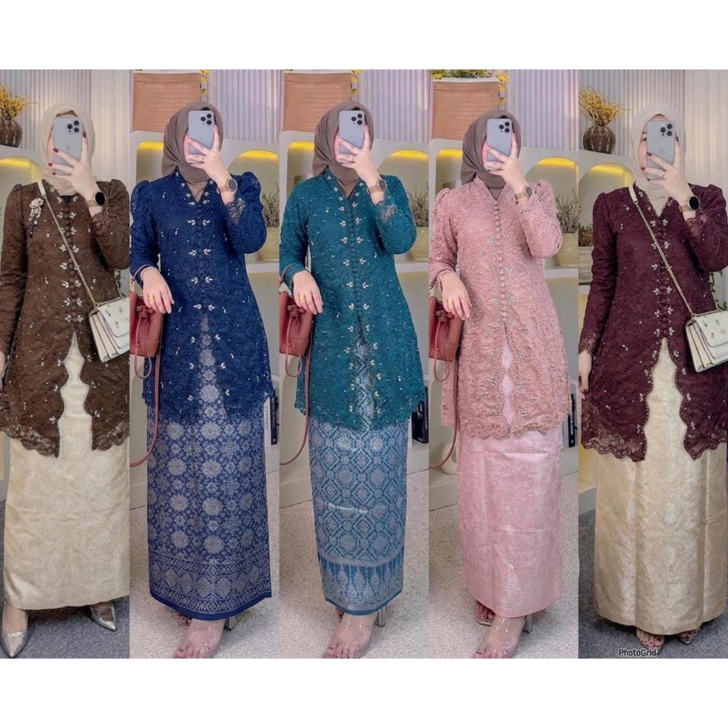 KEBAYA SET BROKAT MUTIARA ROK SONGKET CANTIK TERBARU DRESS GLAMOUR MODEL KEKINIAN BAJU PESTA WANITA 