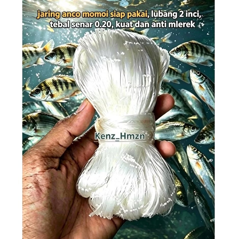 jaring ikan merk momoi /anco ikan momoi lubang 2inch (2 jari mekar) senar 0.20 ukuran /branjang ikan